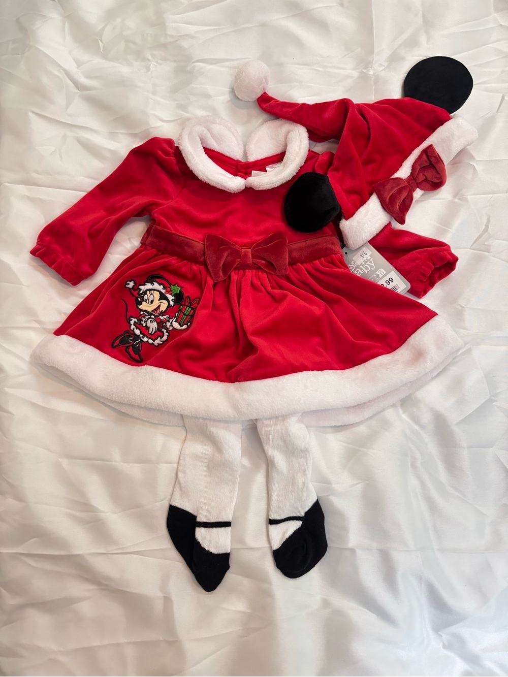 Disney Red and White Minnie Holiday Velvet Dress with Santa Hat and tights 3-6m